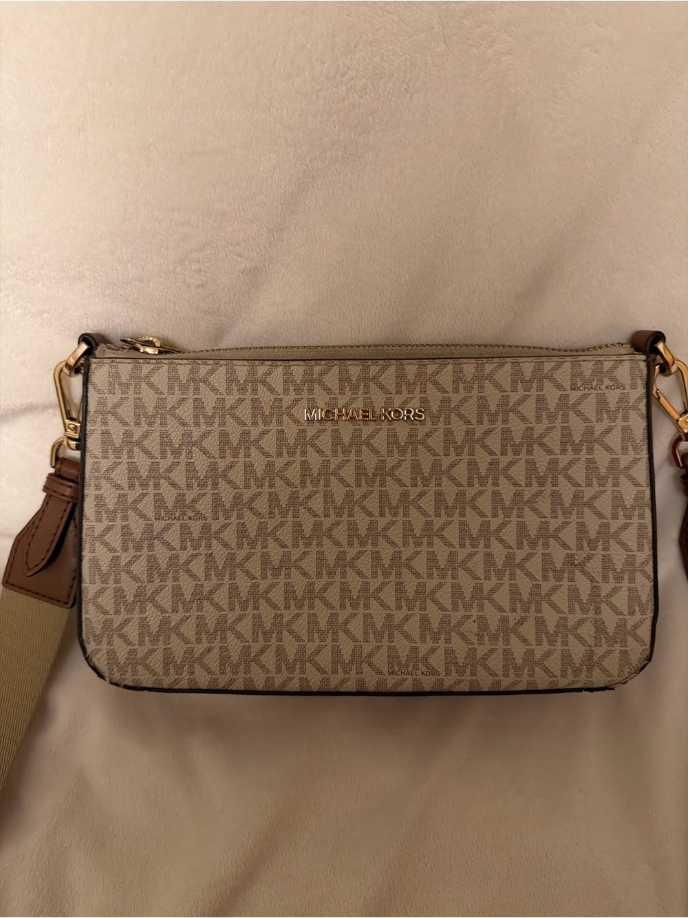 Michael Kors Tan and Brown Signature MK Crossbody Bag